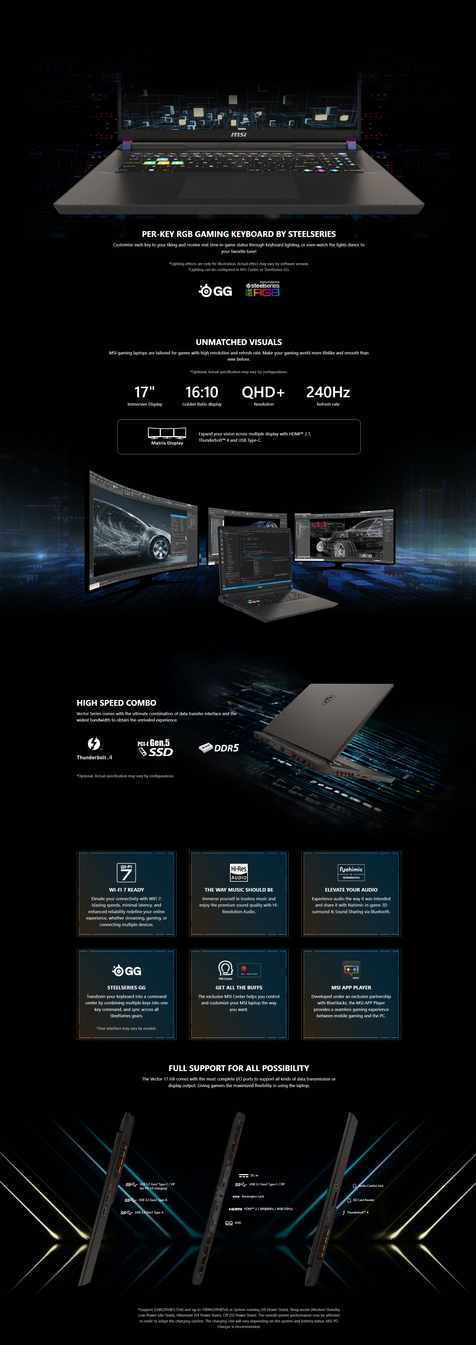 A large marketing image providing additional information about the product MSI Vector 17 HX (A14V) - 17" 240Hz, 14th Gen i9, RTX 4080, 32GB/2TB - Win 11 Gaming Notebook - Additional alt info not provided